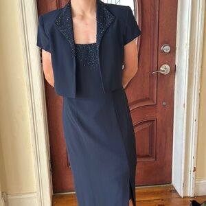 J. R. Nites by Caliendo Vintage Jacket Dress Set beaded Navy Blue